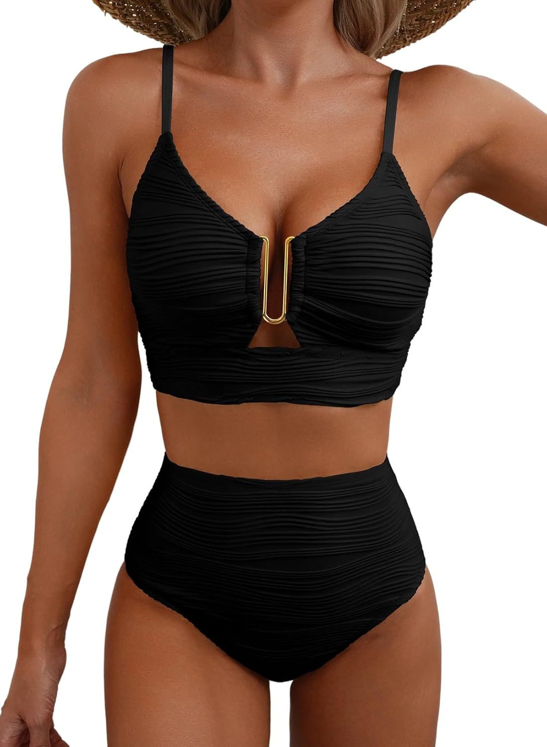 Wholesale Split hollow texture ribbed metal decorative swimsuit set